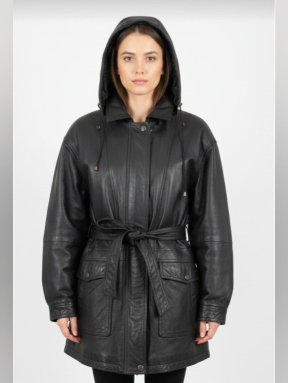 PRESTIGE LEATHER! BLACK GENUINE LEATHER BELTED WAIST HOODIE COAT, JACKET! SZ 2XL